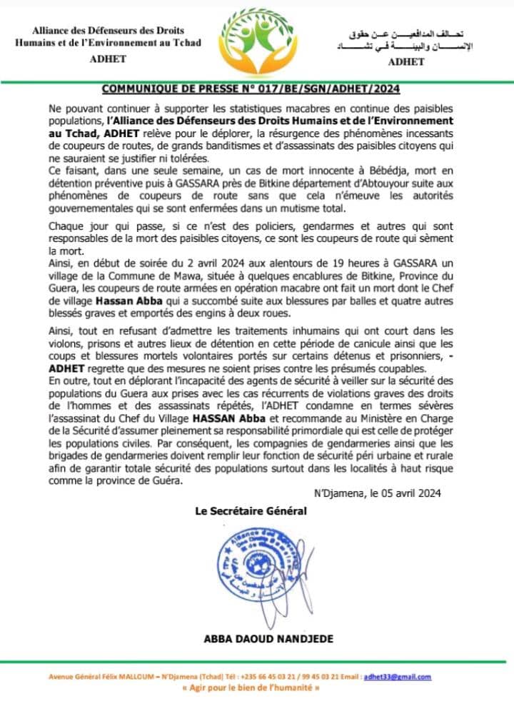 Tchad-Insécurité : l’ADHET dénonce les phénomènes de coupeurs de routes