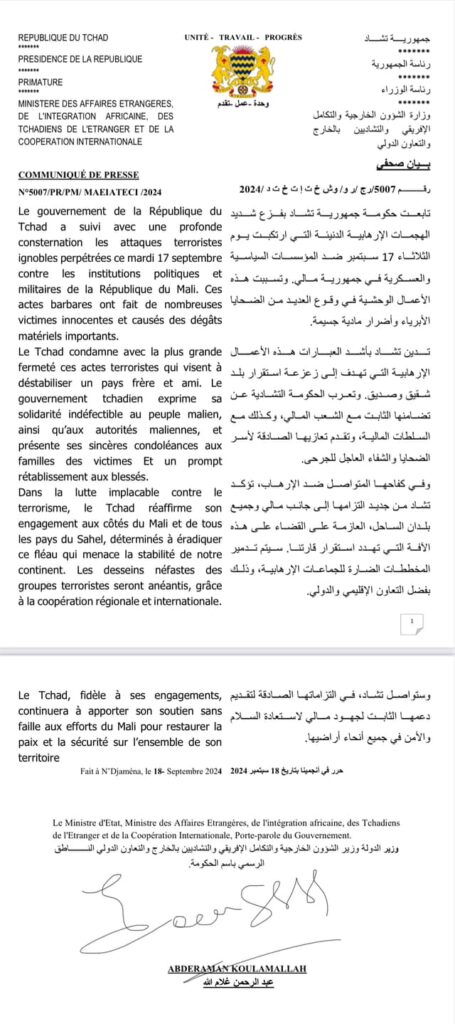 Le Tchad condamne fermement les attaques terroristes au Mali et réaffirme son engagement contre le terrorisme