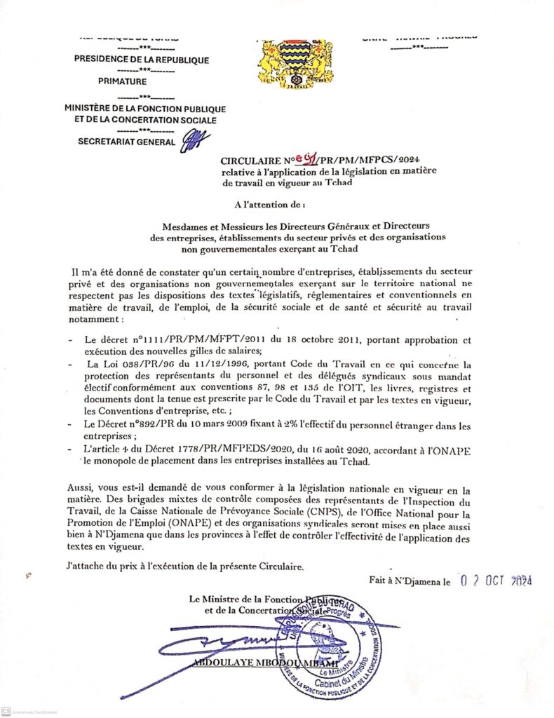 Tchad : Le ministre de la Fonction Publique rappelle les entreprises à l’ordre